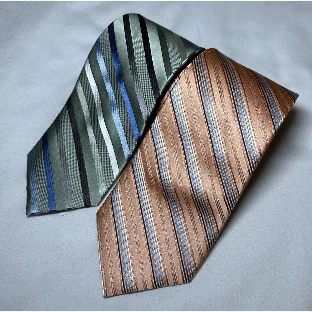 Jos A Bank‎ Mens Silk Tie Lot 2 Light Green Peach Preppy Diagonal Stripe NEW